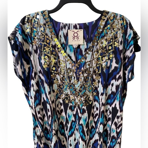 NWT Figue Anais Blue Ikat  Party Mini Dress Women's Sequins Fringe Size Small‎ - Picture 3 of 16